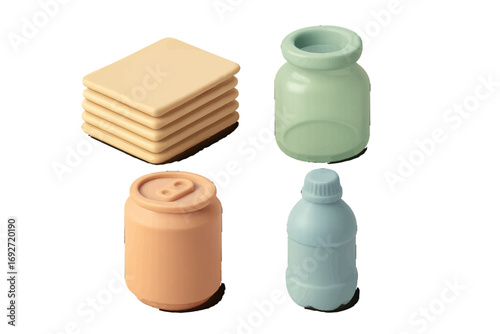 Isometric pastel colored packaging and containers for recycling and sustainability on a clean white background