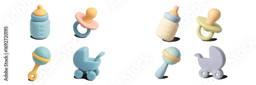 Modern stylized essential baby care items and newborn accessories including bottles, pacifiers, rattles, and strollers