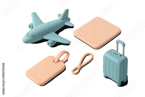 Essential travel items for a journey including a passenger airplane, rolling suitcase, and luggage tag