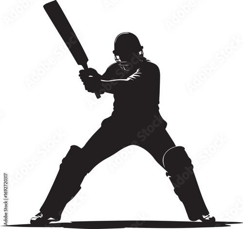 Batting Stance Cricket sport pose A batter standing ready, bat raised, waiting for the delivery. full length silhouette black vector illustration