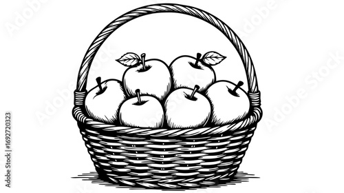 Basket full of apples in black and white illustration for coloring page for kids  