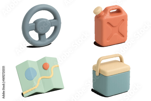 Stylized travel accessories for road trips including steering wheel, fuel can, folded map, and portable cooler