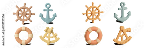 Various maritime objects including ship wheels, anchors, lifebuoys, and sextants, representing sea navigation and safety