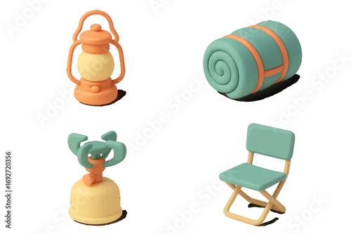 Essential camping equipment set for outdoor adventures featuring a lantern, rolled sleeping bag, portable stove, and folding chair on white background