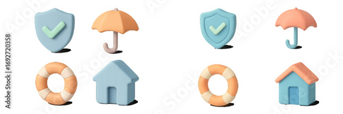 Safety and protection symbols: shield, umbrella, lifebuoy, and house icons