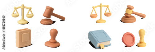 Stylized legal objects and justice symbols representing law, order, and fairness, including balance scales, judge's gavel, and law books