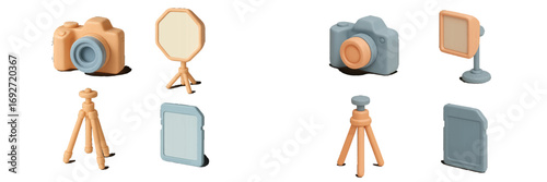 Set of stylized photography equipment including cameras, tripods, studio lights, and memory cards in a clean, modern style