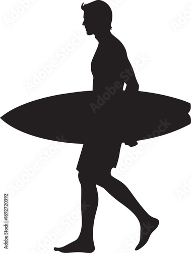 Surfboard on Shoulder A surfer walking with a board resting on their shoulder. full length silhouette black vector illustration