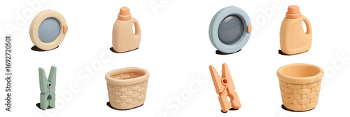 Vibrant collection of laundry day essentials featuring washing machine doors, detergent bottles, clothespins, and baskets