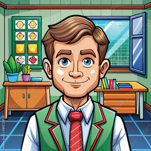 A smiling light skinned male teacher in a green vest. tie. and button down shirt stands in a classroom.