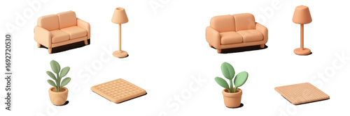 Contemporary minimalist living room furniture and decor set with sofa, floor lamp, potted plant, and rug