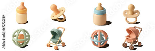 Modern baby essentials collection with feeding bottles, pacifiers, rattles, and strollers in pastel tones