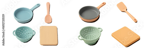 Stylized pastel kitchen utensils set with frying pans, colanders, spatulas, and cutting boards for culinary concepts