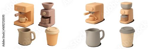 Modern minimalist pastel coffee and espresso machines, grinders, milk pitchers, and reusable cups on white