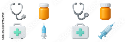 Collection of essential medical equipment including stethoscope, pill bottle, first aid kit, and syringe for healthcare concepts