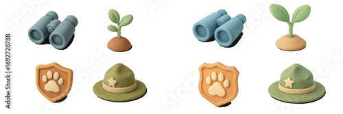 Outdoor adventure and nature exploration elements featuring binoculars, plant, paw print badge, and ranger hat