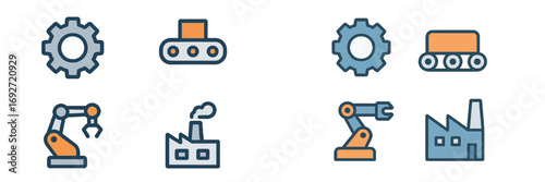 Essential industrial manufacturing and automation technology including gears, conveyor belts, robotic arms, and factory buildings
