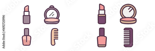 Collection of beauty and cosmetic product icons including lipstick, compact mirror, nail polish, and comb