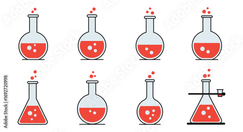 chemical reactions in glass flasks with bubbling liquids