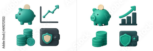 Financial management icons: piggy bank, charts, coins, secure wallet