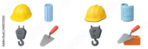 Realistic building and construction tool icons including a yellow hard hat, architectural blueprint, crane pulley, and masonry trowel isolated on a white background