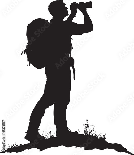 Hiker Looking Through Binoculars A person holding binoculars up, scanning the horizon. full length silhouette black vector illustration