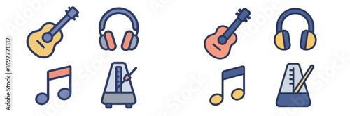 Music and audio equipment icon set with acoustic guitar, headphones, metronome, and musical note symbols for sound and melody