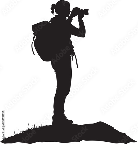 Photo-Taking Hiker Person holding a camera or phone up, capturing the view, full-length silhouette vector.