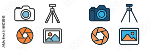 Collection of photography equipment and image gallery icons featuring cameras, tripods, apertures, and picture frames
