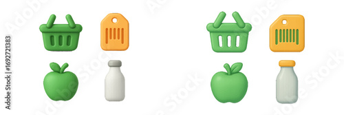 Modern collection of green shopping baskets, orange price tags, green apples, and white milk bottles for grocery store and market designs