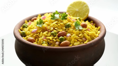 Close-up shot of a bowl of delicious poha, garnished with lemon and coriander.