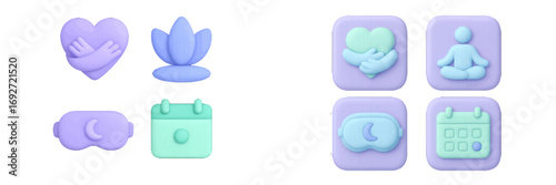 3D icon set for self-care and mental health applications featuring symbols for meditation, yoga, sleep, and scheduling