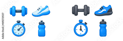 Volumetric fitness equipment set with dumbbell, sneaker, stopwatch, and water bottle for gym, workout, and healthy lifestyle concepts