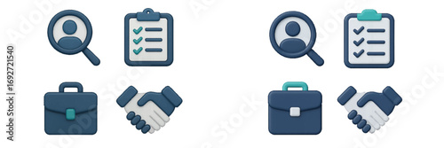 3D icon set for business and human resources featuring recruitment symbols like a magnifying glass, checklist, briefcase, and handshake for job search and hiring concepts