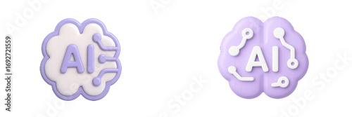 3D AI icon set with brain and cloud symbols representing artificial intelligence, machine learning, and neural network technology on a white background