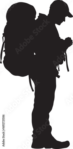 Backpack Repositioning Hiker shifting backpack weight, silhouette illustration.