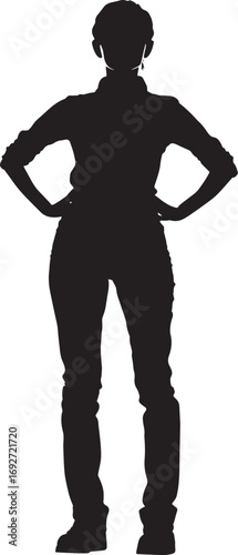 Hiker Standing Still A person standing tall, looking ahead with hands on hips or holding a walking stick. full length silhouette black vector illustration