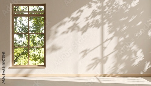 Light and Shadow on a Plaster Wall with Window and Leaf Silhouette