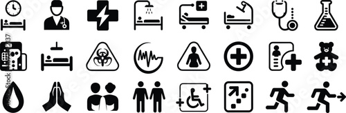 Hospital and medical care icons including beds, doctors, emergency symbols, medical equipment, biohazard signs, accessibility, and patient care.