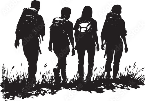 Group Hiking People walking together along a trail, backpacks on, enjoying the scenery, full-length silhouette vector.