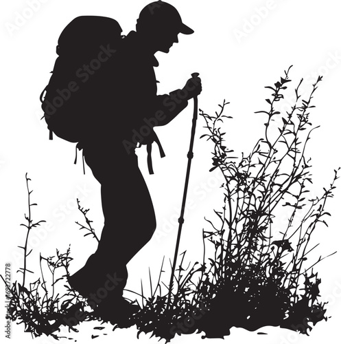 Focused Trailblazer Hiker clearing a way through thick brush, stick in hand, head down, full-body silhouette.