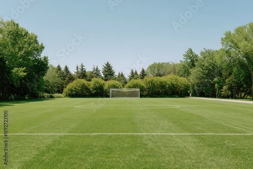 A soccer field in a park on a sunny day