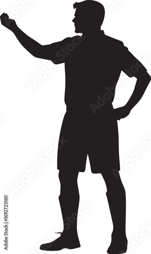 yellow card in one hand, the other hand on their hip, indicating a caution to a player, full-length silhouette vector.