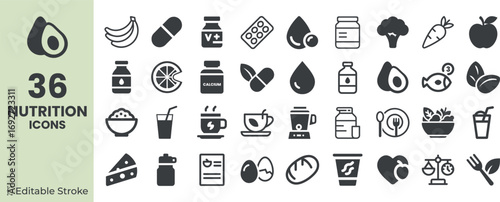 Collection of 36 nutrition icons representing healthy food and lifestyle choices vector