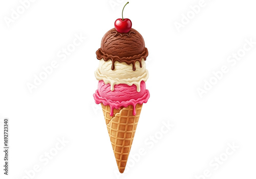 Ice cream cone with three scoops and cherry on top isolated on transparent background