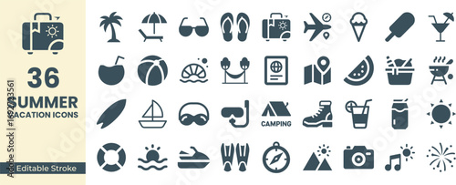 Summer vacation travel icons collection featuring beach fun leisure activities and holiday essentials vector