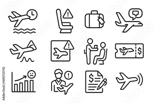Airline Complaint Icons. Line style icons of airline complaints: flight delay report, seat assignment issue, lost baggage icon,