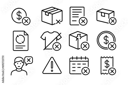 Product Return Icons. Line style icons of product return rejections: denied refund, rejected return box, crossed invoice,