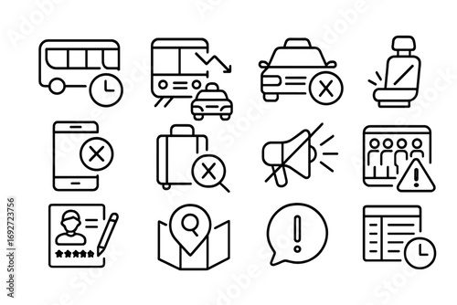 Transport Complaints Icons. Line style icons of transportation complaints: late bus icon, train delay chart, taxi fare dispute,