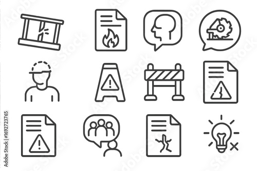 Safety Hazard Icons. Line style icons of safety complaints: broken railing icon, fire hazard form, emergency exit concern, unsafe
